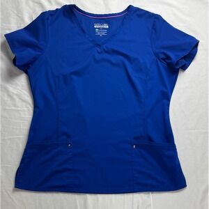 Purple Label Yoga Healing Hands Royal Blue V Neck Scrub Top Size XL with pockets